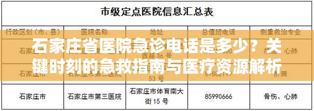 石家庄省医院急诊电话是多少？关键时刻的急救指南与医疗资源解析